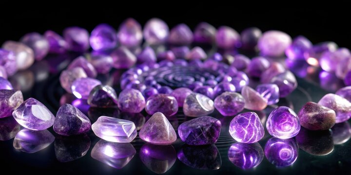 Glowing amethyst gemstones creating a mystical spiral pattern on a black background with soft lavender reflections