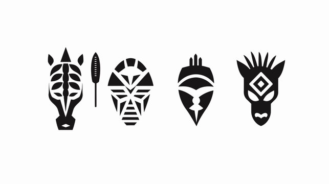 Graphic icons depict tribal masks, a zebra, & spear in black on a white backdrop