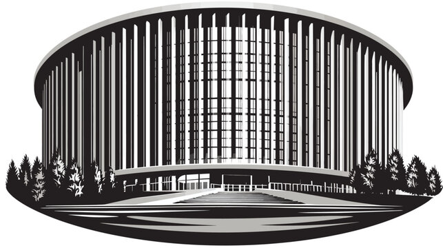 Black and white illustration of a grand building with many columns