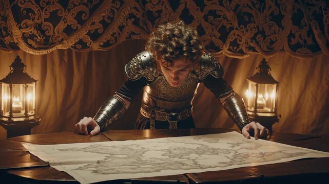Knight studies map on table. Armor gleams under lantern near tapestry. Medieval planning and strategy fill warroom. Leader traces chart and marks campaign route. Historic mood enhances narrative.