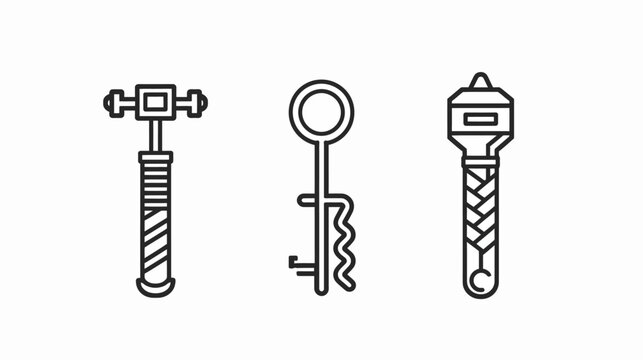 Three stylized, black-outlined implements shown isolated on a white background