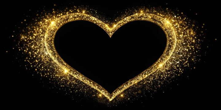 Elegant gold sparkle glitter shine heart shaped frame sitting on a black background with subtle texture and depth effect