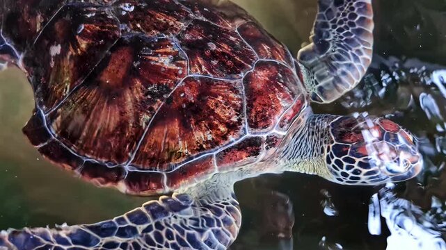 Close up shot of Green Sea Turtle swimming in the water in Koggala, Galle District, Southern Province, Sri Lanka