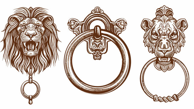 Brown sketch of three door knockers with lion heads and ornate ring pulls on white