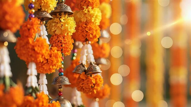 Bihu Festival Decoration with Marigold Flowers and Bells