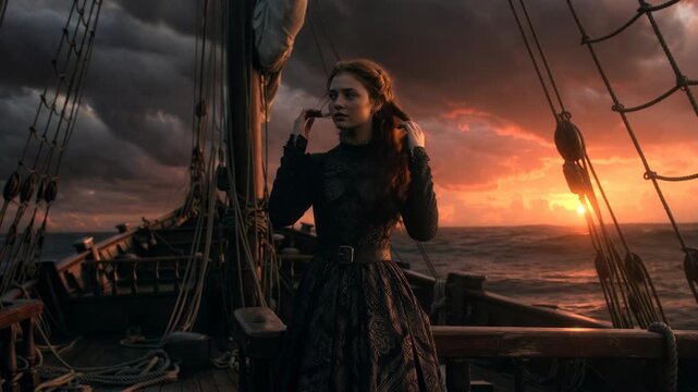 Woman standing on an old ship deck in realistic style against a stormy sunset seascape, expressing an adventure concept