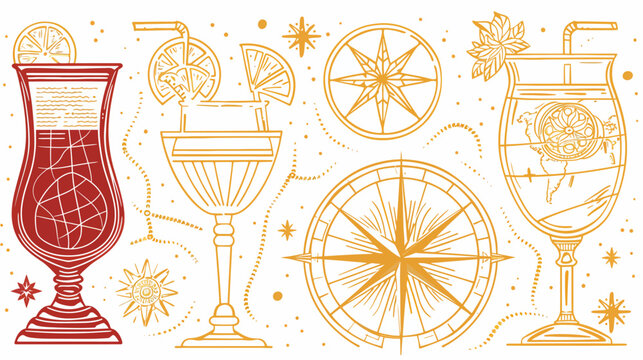 Illustrated cocktails with compasses, line art style on white