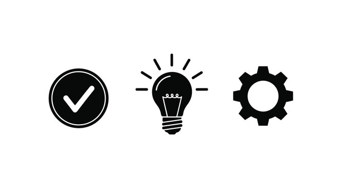 Checkmark lightbulb and gear icons presented as a dark silhouette