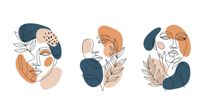 Set of three minimalist line art drawings of female faces combined with abstract earthy shapes and delicate leafy branches.