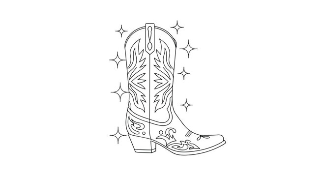 Simple black and white line art drawing of a classic cowboy boot with decorative stitching and sparkling stars around it on white.