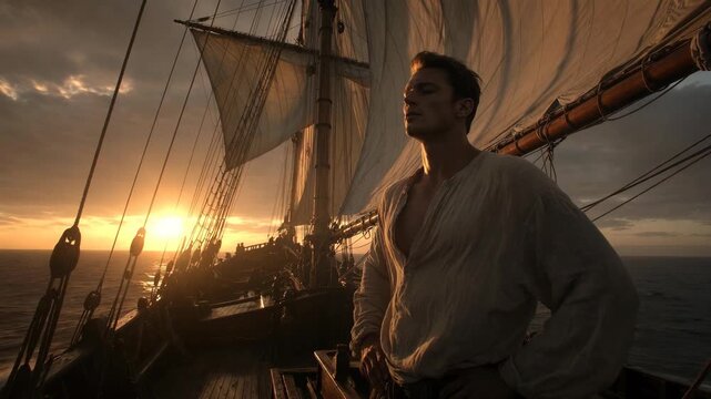A man on a classic sailing ship at sunset in warm photographic style on an open-sea horizon background, concept of adventure