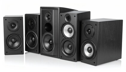 Fototapeta premium Set of five various-sized black loudspeakers on a white surface, side view