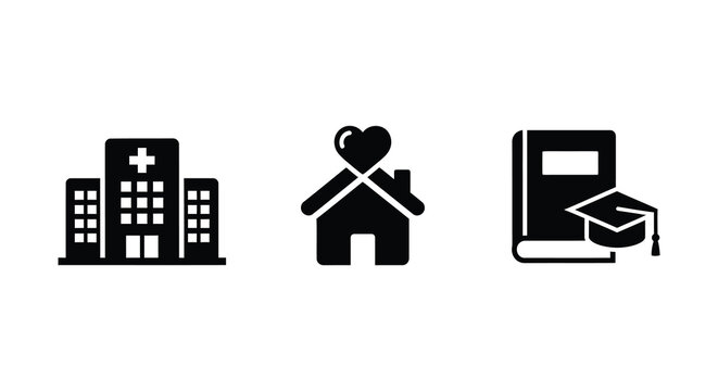 Icons representing healthcare love and education in black silhouette