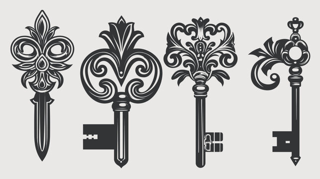Four ornate, dark keys are displayed against a neutral background