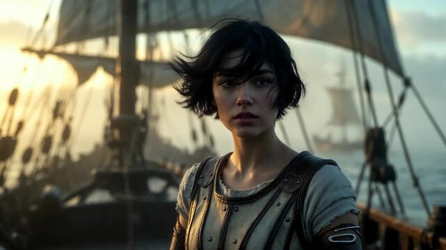 A young person in worn armor stands on a ship deck in realistic style against a misty sea background for adventure voyage concept
