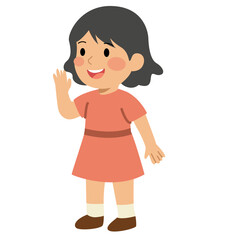 Fototapeta premium Happy girl in orange dress waving hand, children greeting, friendly gesture, childhood joy, and cheerful kid illustration.