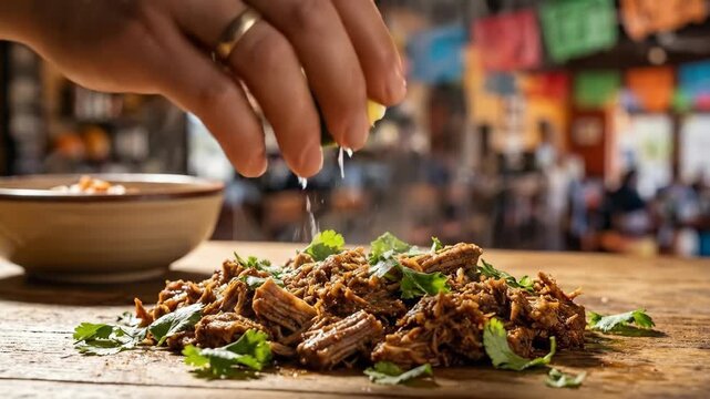 Hand squeezing lime juice over shredded pork carnitas. Mexican food garnishing with fresh citrus. Restaurant dish preparation and flavor enhancement concept.