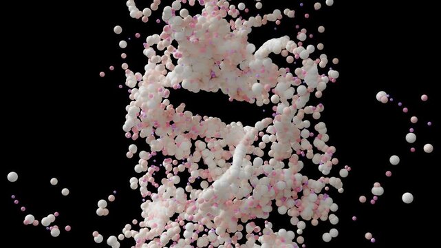 DNA Simulate combination of particles to make dna or repair animation. Designed to be simple Using pink pastel on black background. Can be used in cosmetic industry or science. 3D Render.
