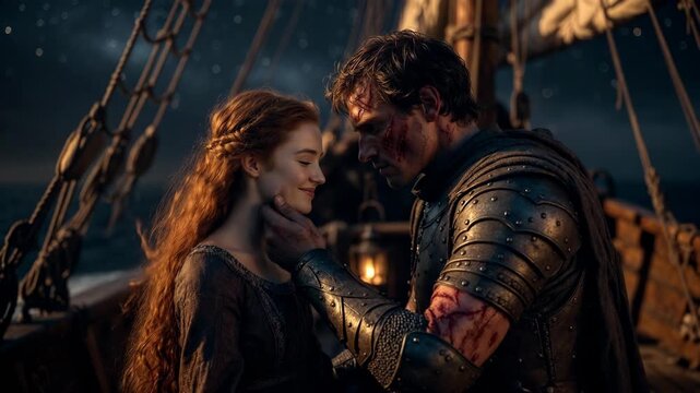 A knight and woman sharing tender moment on a ship in cinematic style against starry sky, concept of romance and courage