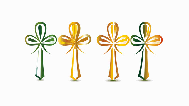 Four stylized crosses in green and gold with a whimsical, almost clover-like design