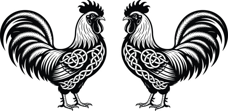 Symmetrical rooster silhouette vector illustration, black and white detailed chicken design with ornamental pattern, mirrored farm animal graphic for logo, tattoo, packaging, and branding