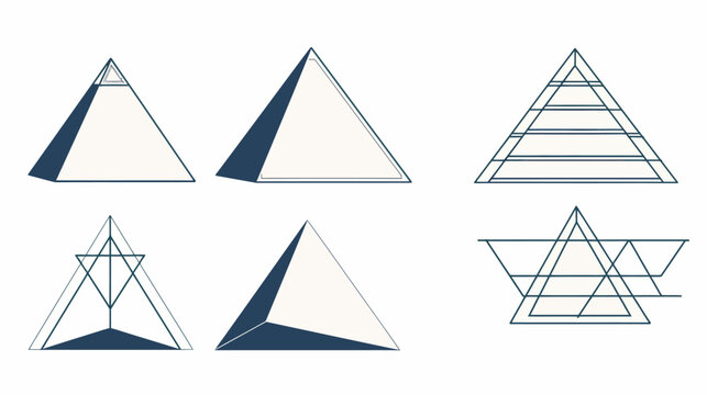 An arrangement of six stylized blue and white triangular pyramid illustrations