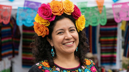 Fototapeta premium Smiling woman in traditional dress during cinco de mayo celebration