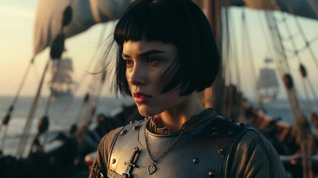 A young warrior in armor on a sailing ship, shown in a realistic style, set against a sunset sea background, for adventure