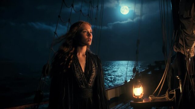 A woman stands on a ship at night in cinematic style, with moonlit ocean background, evoking mystery and adventure