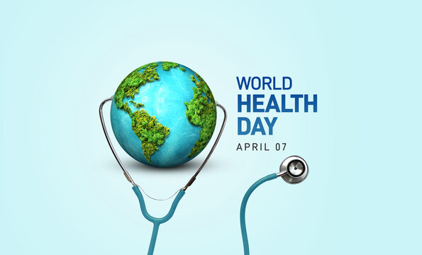 Our planet, our health. World Health day concept 3d background. World health day concept design with doctor stethoscope.