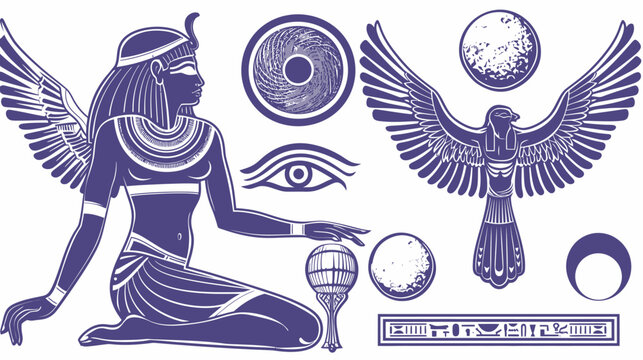 Egyptian theme goddess, Horus, eye, sun, moon, hieroglyphs, in detailed purple graphic