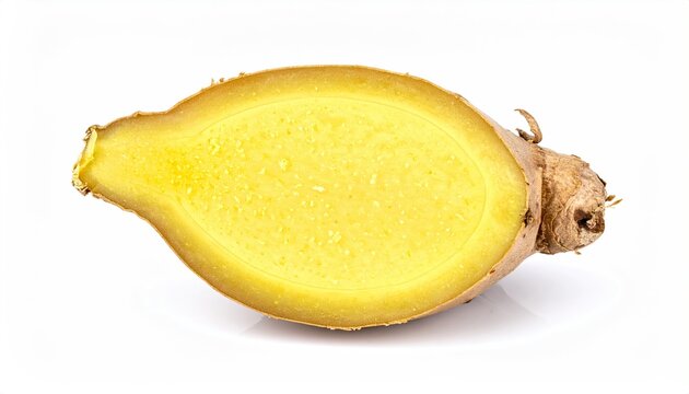 Cross-section reveals a fresh ginger root's textured flesh on white background