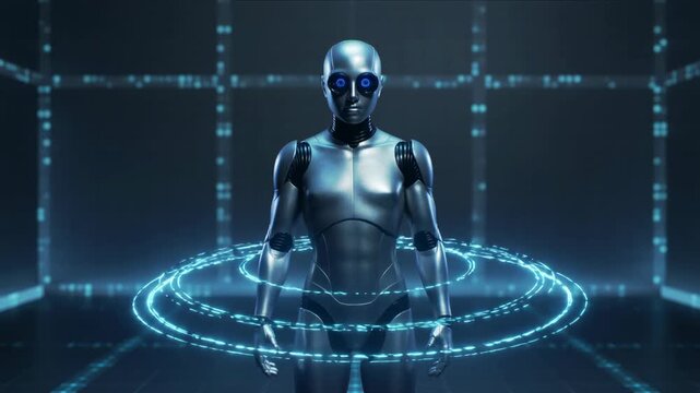 A striking image of a silver humanoid robot bathed in cool blue light, ideal for illustrating concepts like artificial intelligence, the future of tec