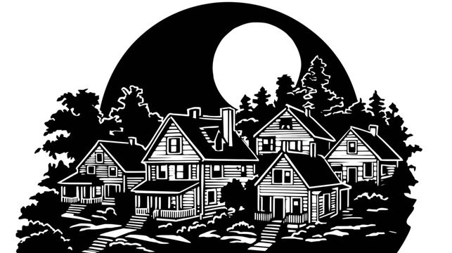B/W silhouette of houses nestled among trees under a large, bright moon