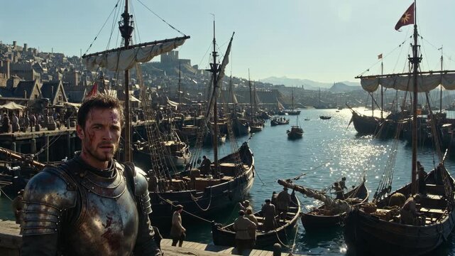 Medieval seaport with armored man and busy ships, realistic style on sunny coastal backdrop, concept of adventure and history