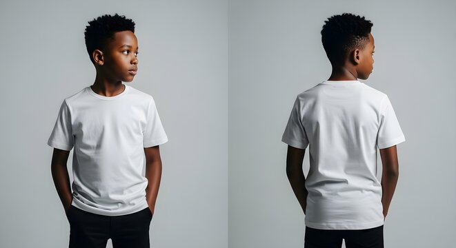 young boy modeling white t-shirt, front and back views