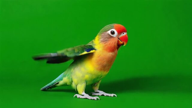 Colorful Fischer's Lovebird Parrot Perched on Green Background, Tropical Avian Wildlife