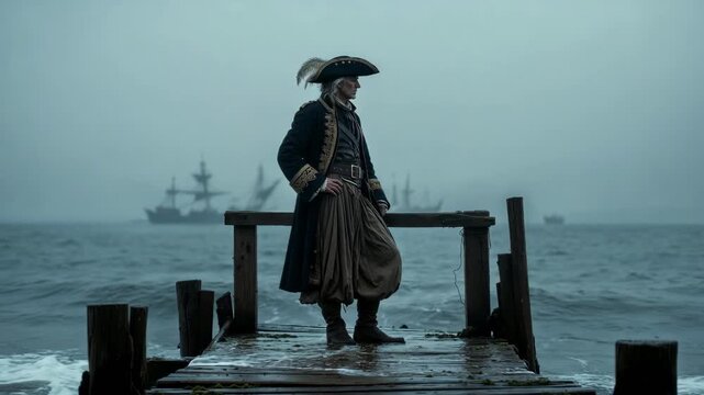 Historic pirate figure on old pier in cinematic style against misty sea background, concept of adventure and seafaring lore