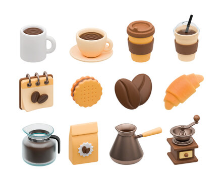3D realistic coffee icon. Vector espresso cup, cappuccino mug, beans, gringer, cookie and croissant, turk and flask for making coffee. Coffee shop, preparing drink concept. Take away plastic cup