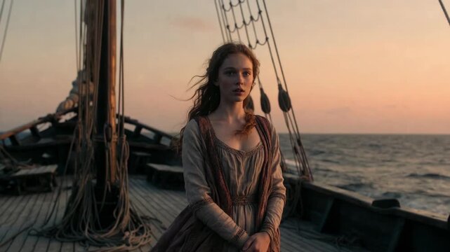 Young woman standing on an old ship deck, cinematic style, against a calm sunset ocean, evoking themes of journey and solitude