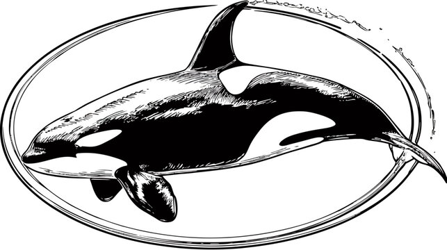 Illustration of a killer whale inside a rough oval, sketch style, black & white