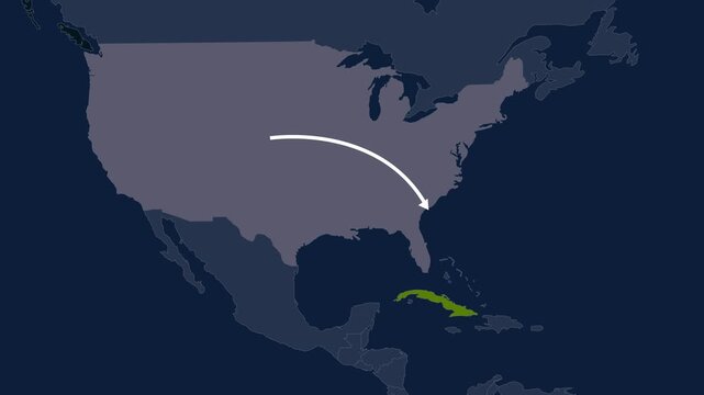 4K Map Animation Showing USA To Cuba Military Route With Arrow Line Symbolizing War Operation And Distance Concept