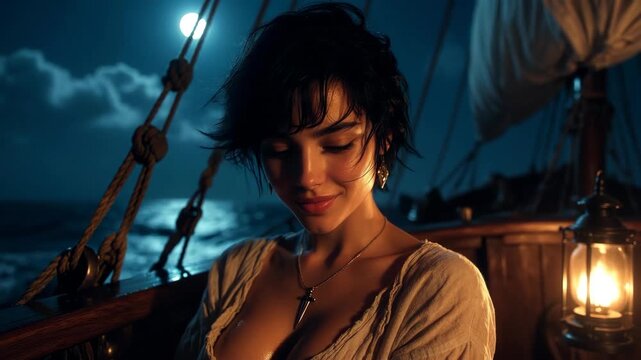 Young woman on ship at night in realistic photo style, against moonlit sea background, concept of adventure and mystery