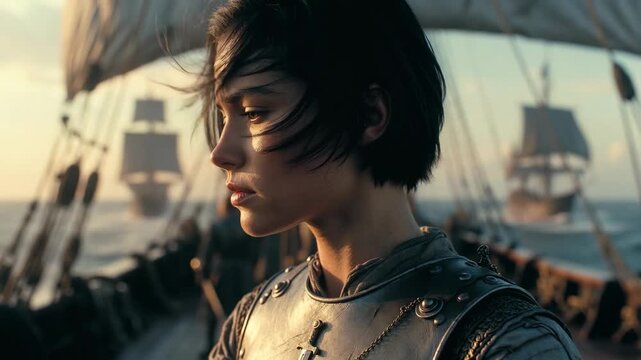 Armored figure on ship deck in realistic style with ocean sunset background symbolizing adventure and exploration