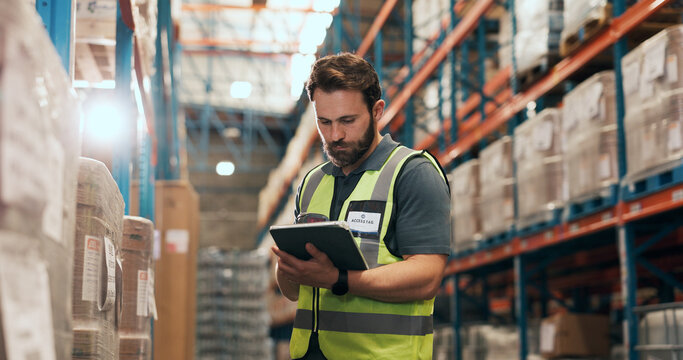 Logistics, tablet and man in warehouse with inspection for stock control, inventory and records. Tech, distribution and person with barcode reader for storage update, shipping and order or flare