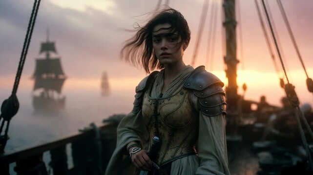 Female warrior on a ship deck in cinematic style against a foggy sunset sea, concept of adventure and courage