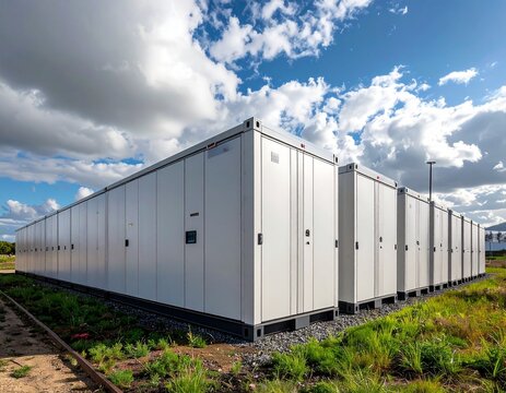 A ground-level, realistic photo of several industrial-scale battery energy storage 