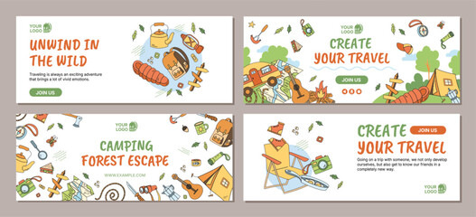 Colorful camping adventure set doodle banner in hand drawn style. Campfire, tent and equipment with trip theme as background for travel camp set, colorful and adventure design, doodle collection. © moonnoon
