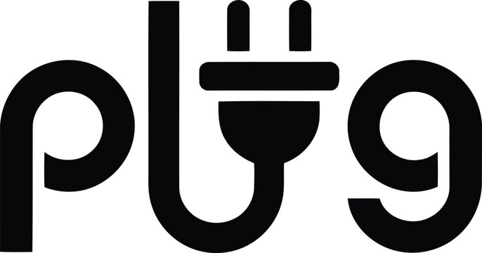 Plug logo with stylized lettering and electrical plug design
