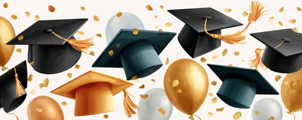Naklejka premium Black and gold graduation caps flying with confetti and balloons in celebratory pattern